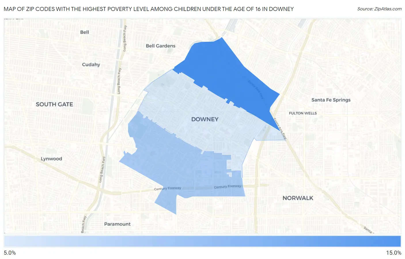 Zip Codes with the Highest Poverty Level Among Children Under the Age of 16 in Downey Map
