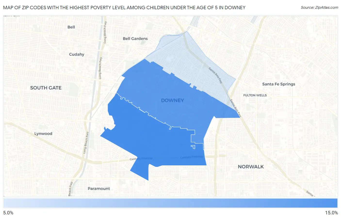 Zip Codes with the Highest Poverty Level Among Children Under the Age of 5 in Downey Map
