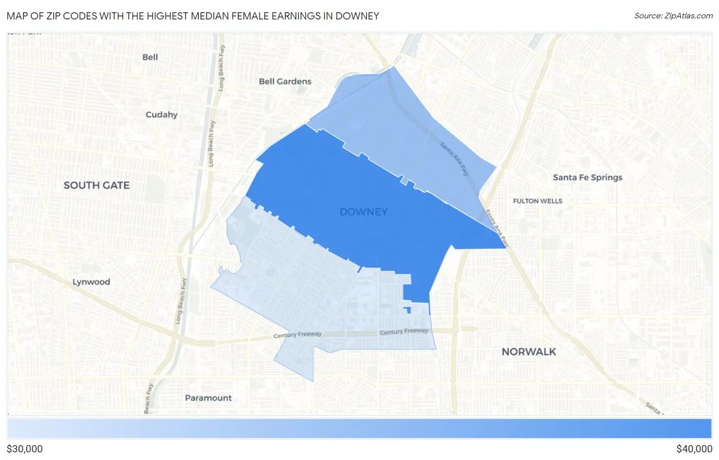 Zip Codes with the Highest Median Female Earnings in Downey Map