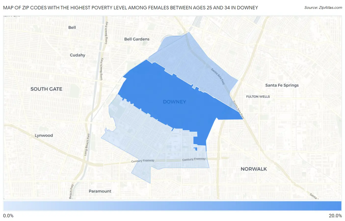 Zip Codes with the Highest Poverty Level Among Females Between Ages 25 and 34 in Downey Map