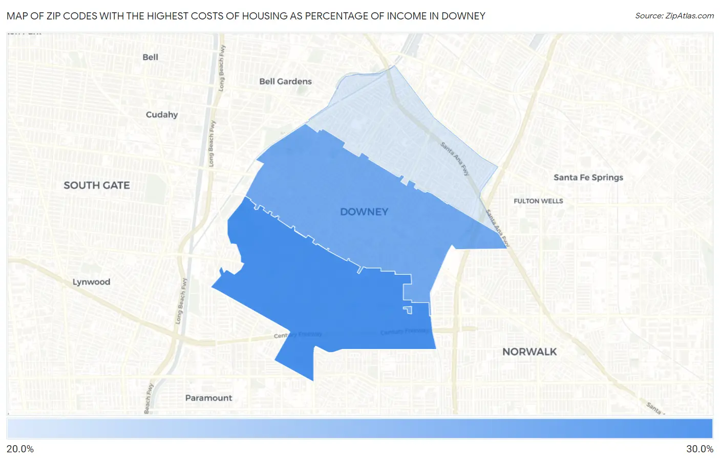 Zip Codes with the Highest Costs of Housing as Percentage of Income in Downey Map