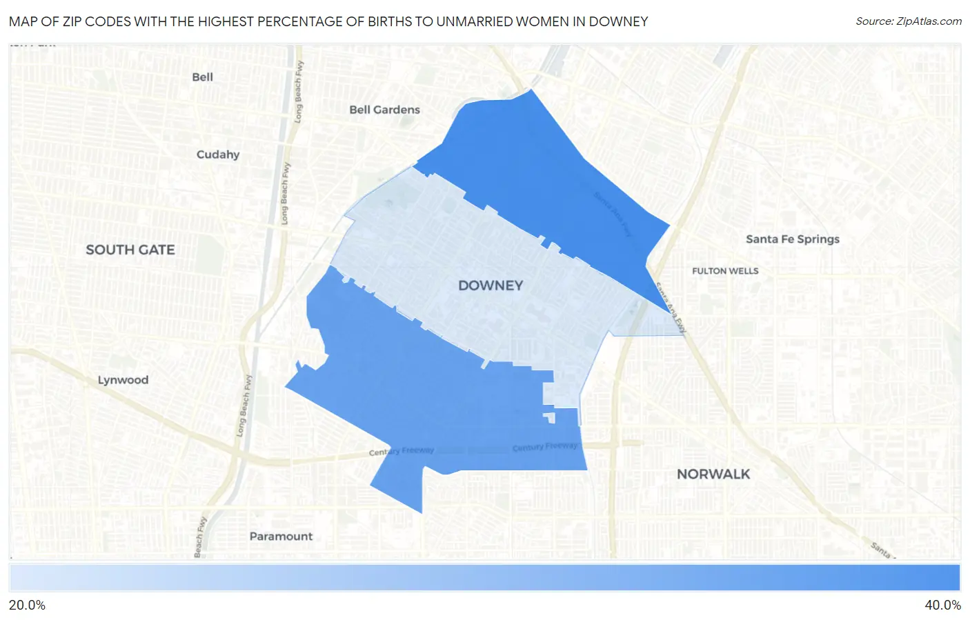 Zip Codes with the Highest Percentage of Births to Unmarried Women in Downey Map