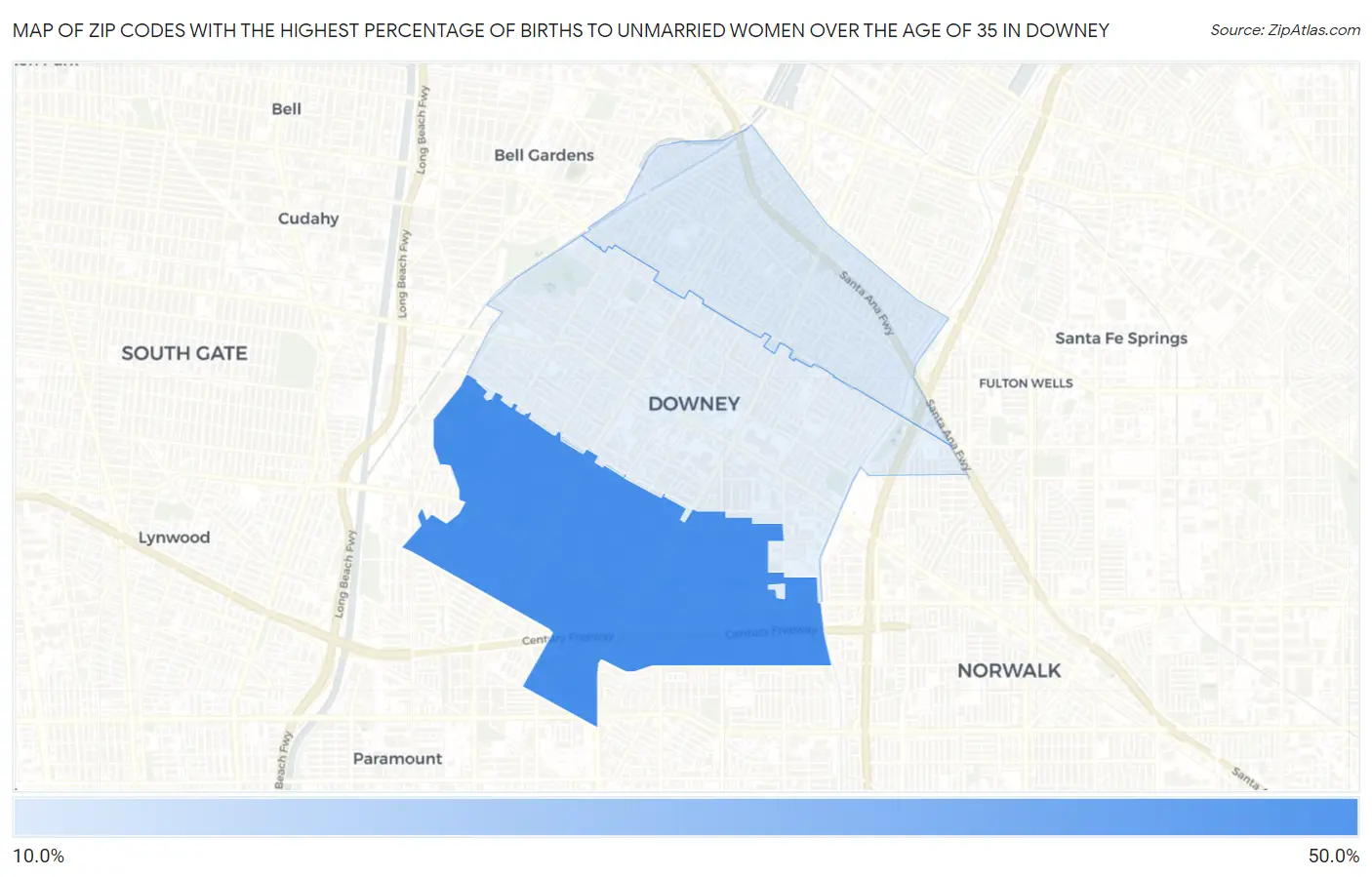 Zip Codes with the Highest Percentage of Births to Unmarried Women over the Age of 35 in Downey Map