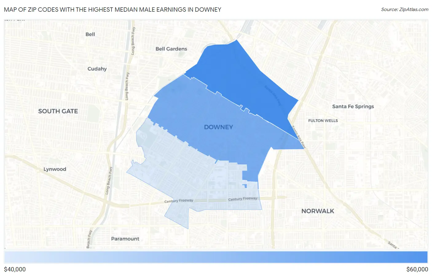 Zip Codes with the Highest Median Male Earnings in Downey Map