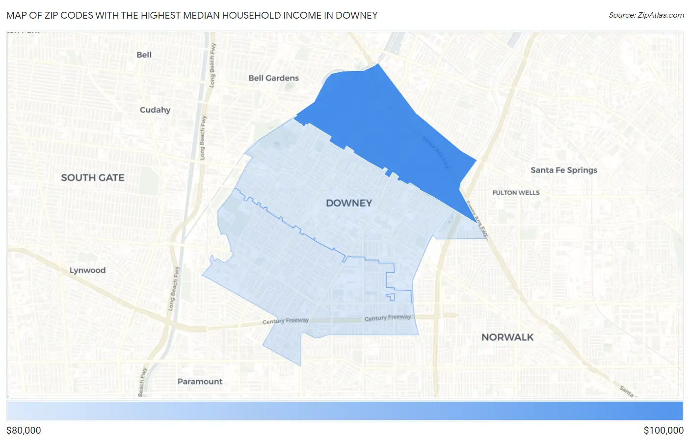 Zip Codes with the Highest Median Household Income in Downey Map