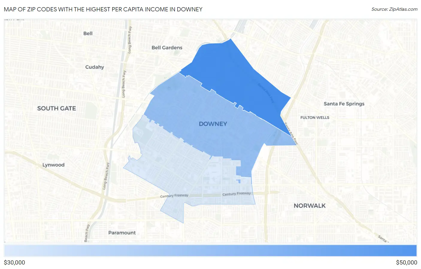 Zip Codes with the Highest Per Capita Income in Downey Map