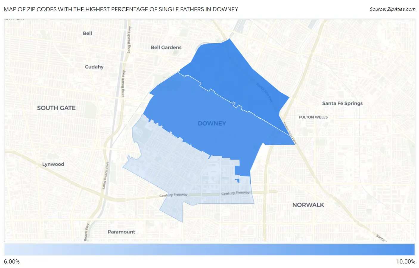 Zip Codes with the Highest Percentage of Single Fathers in Downey Map