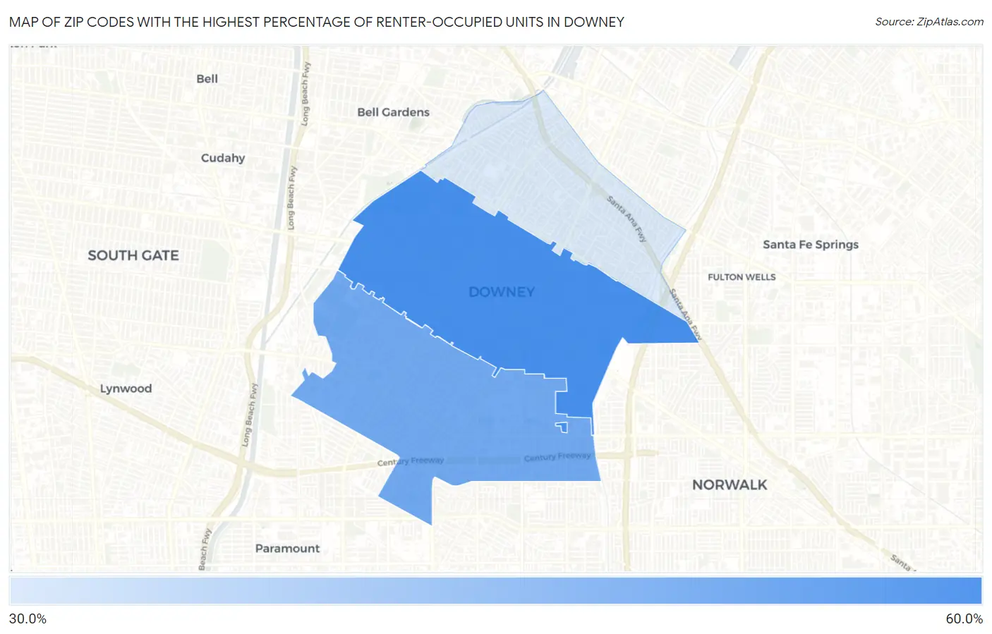 Zip Codes with the Highest Percentage of Renter-Occupied Units in Downey Map