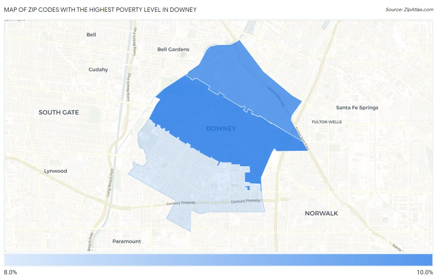 Zip Codes with the Highest Poverty Level in Downey Map
