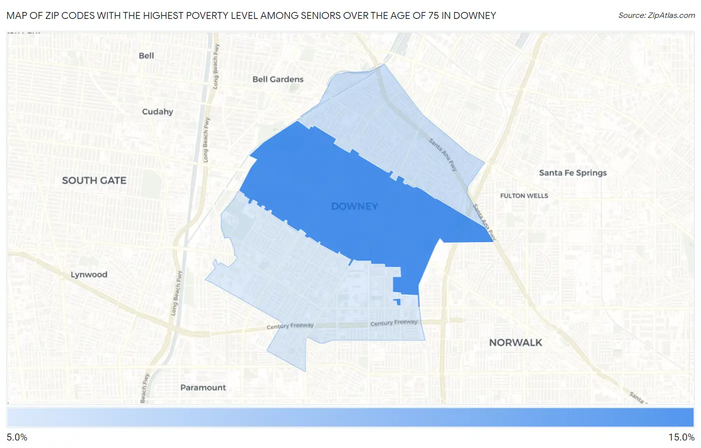 Zip Codes with the Highest Poverty Level Among Seniors Over the Age of 75 in Downey Map