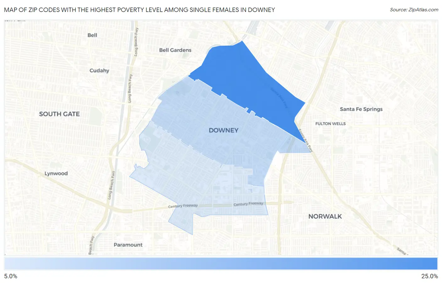 Zip Codes with the Highest Poverty Level Among Single Females in Downey Map
