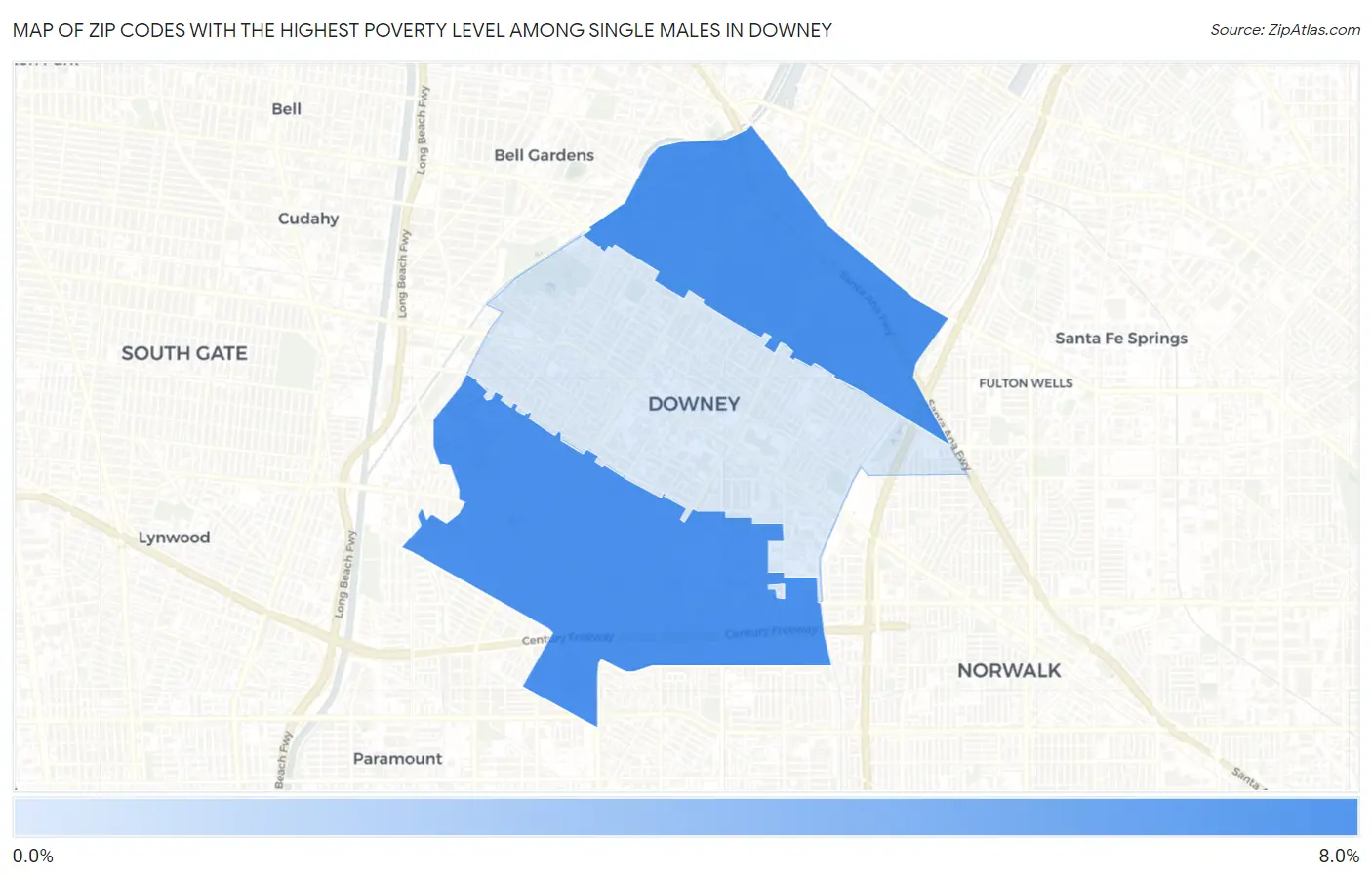 Zip Codes with the Highest Poverty Level Among Single Males in Downey Map