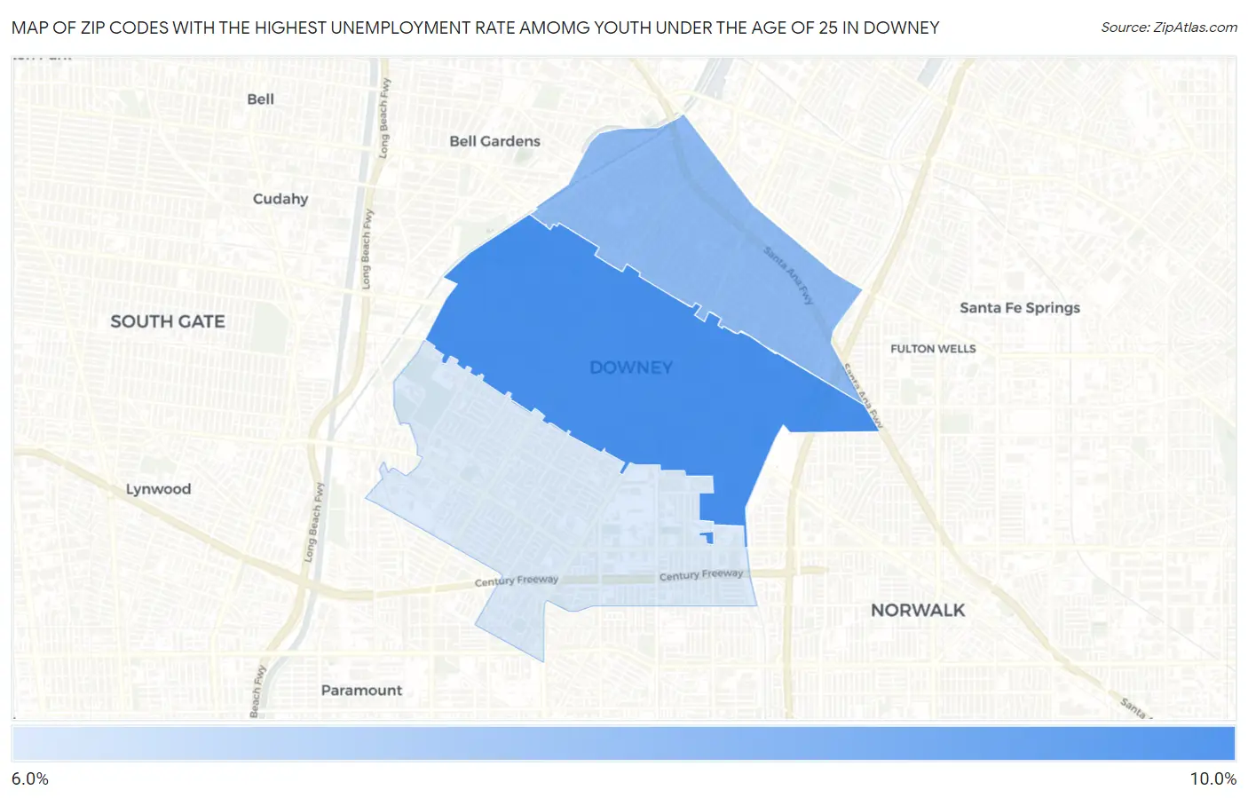 Zip Codes with the Highest Unemployment Rate Amomg Youth Under the Age of 25 in Downey Map