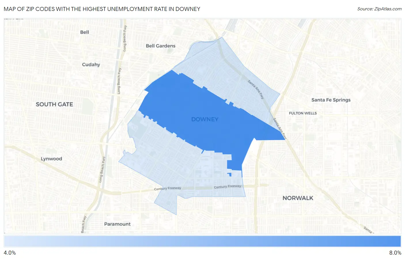 Zip Codes with the Highest Unemployment Rate in Downey Map