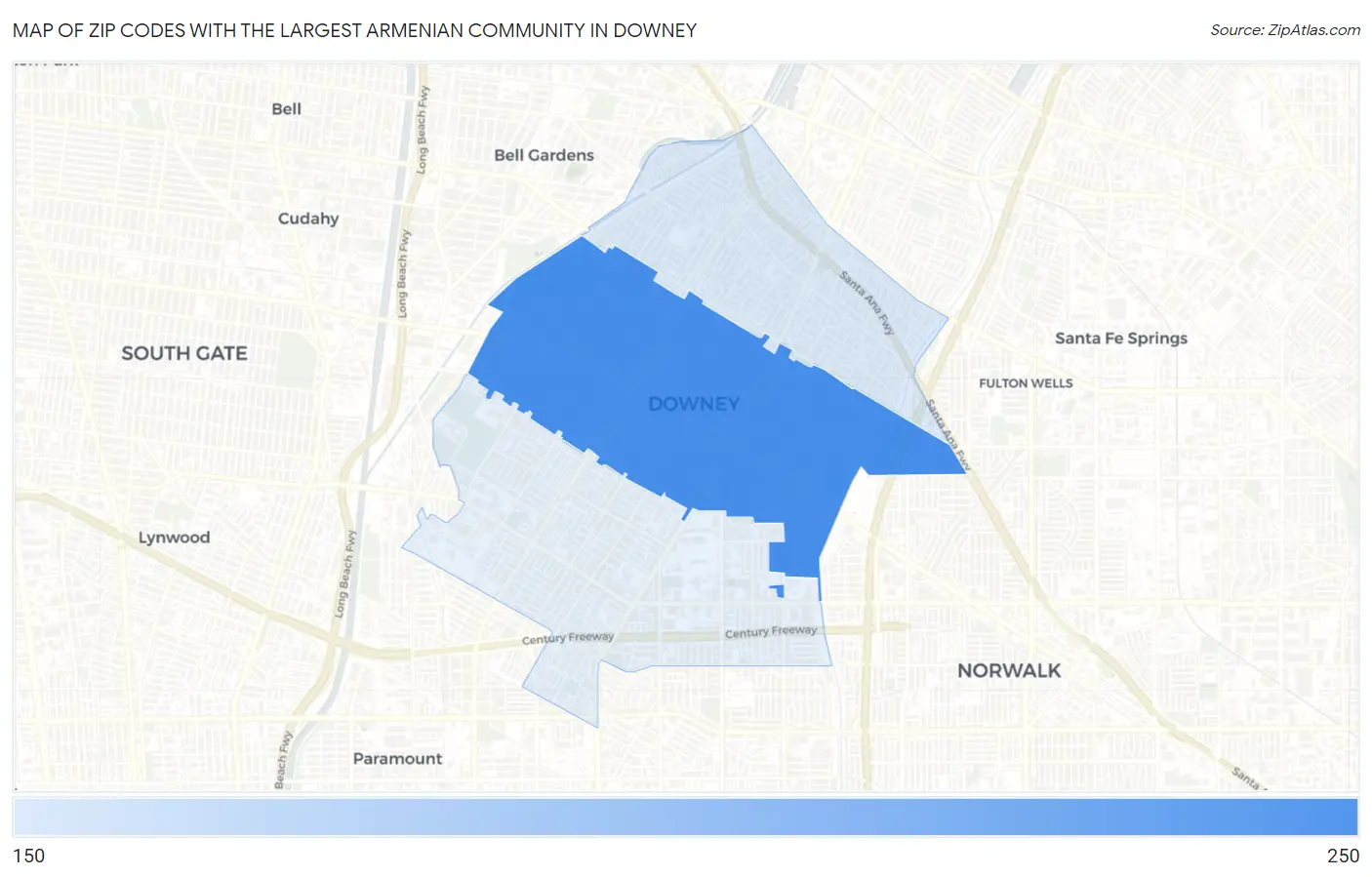Zip Codes with the Largest Armenian Community in Downey Map
