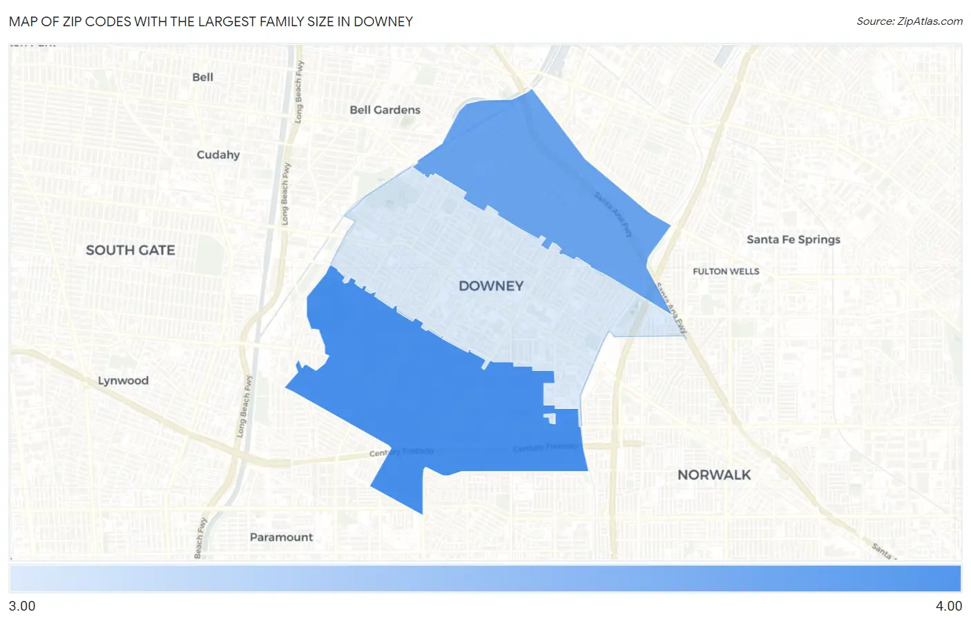 Zip Codes with the Largest Family Size in Downey Map
