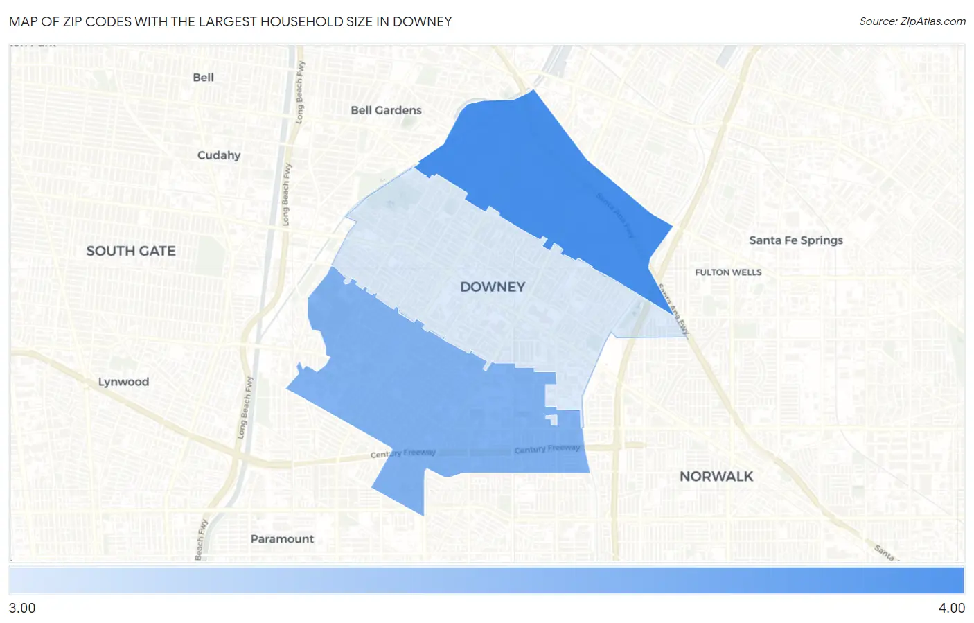 Zip Codes with the Largest Household Size in Downey Map