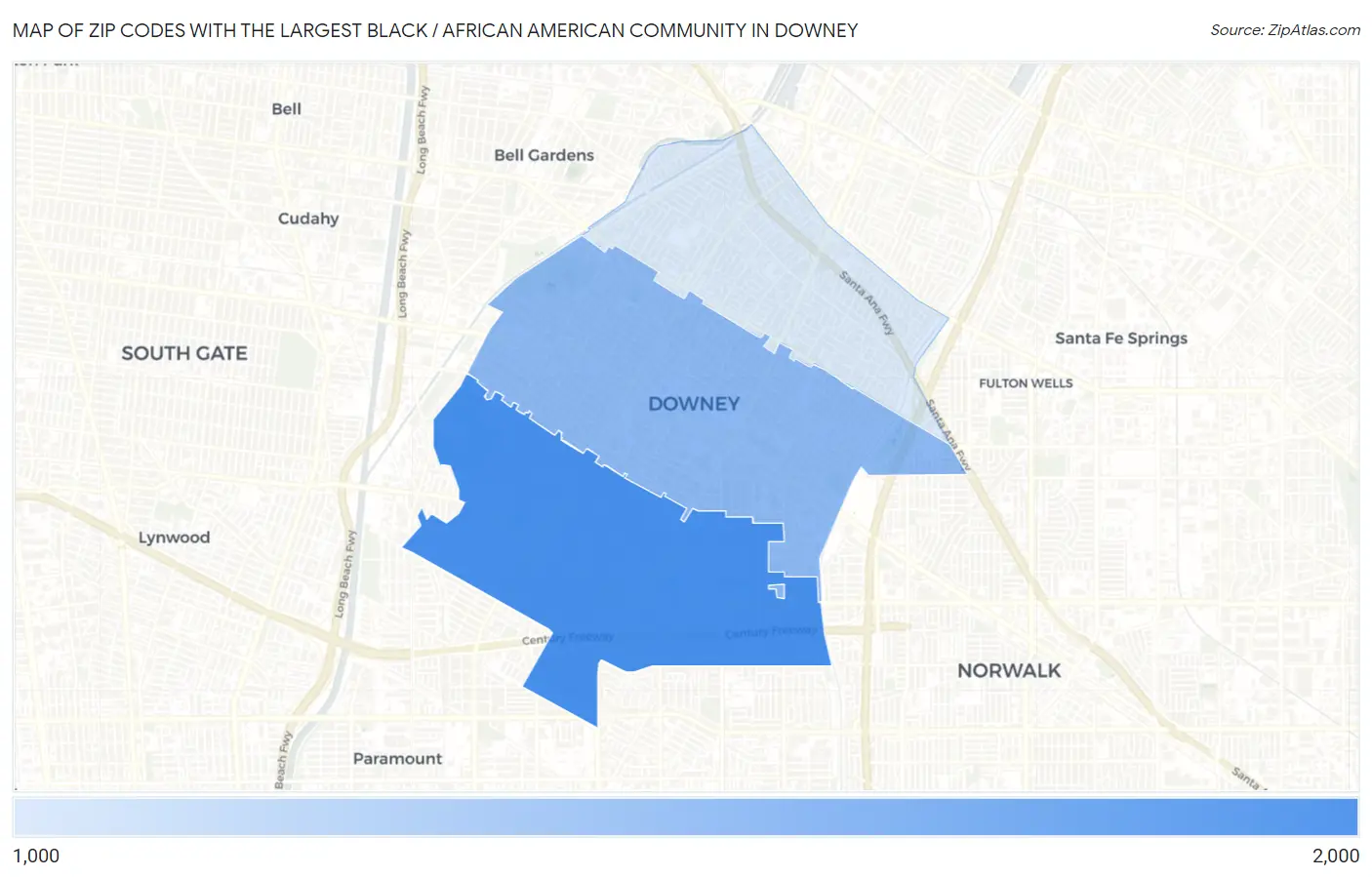 Zip Codes with the Largest Black / African American Community in Downey Map