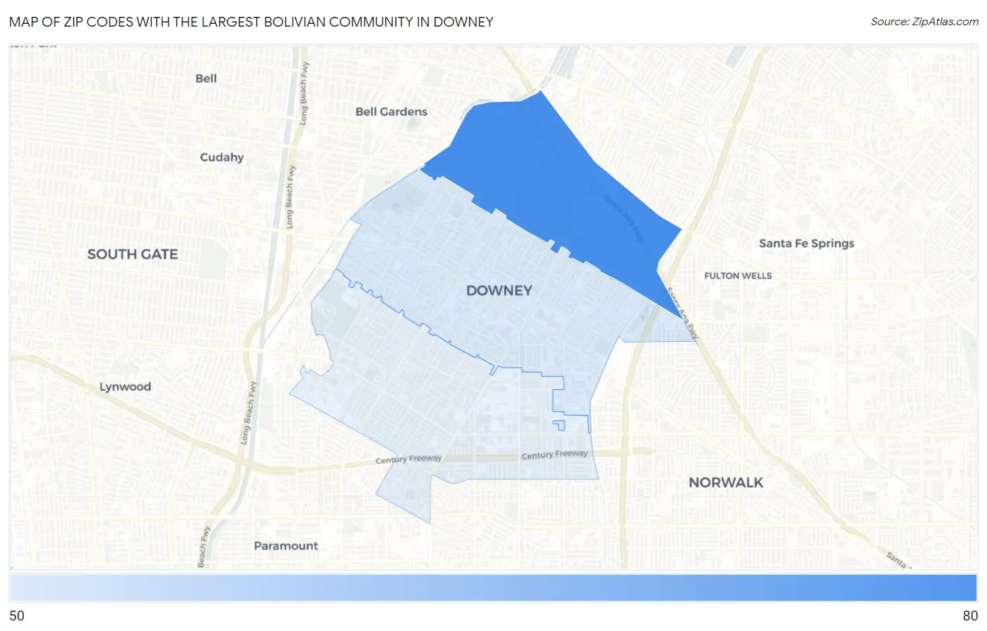 Zip Codes with the Largest Bolivian Community in Downey Map