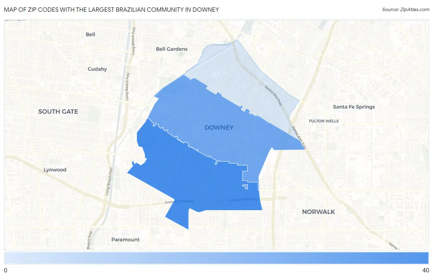 Zip Codes with the Largest Brazilian Community in Downey Map