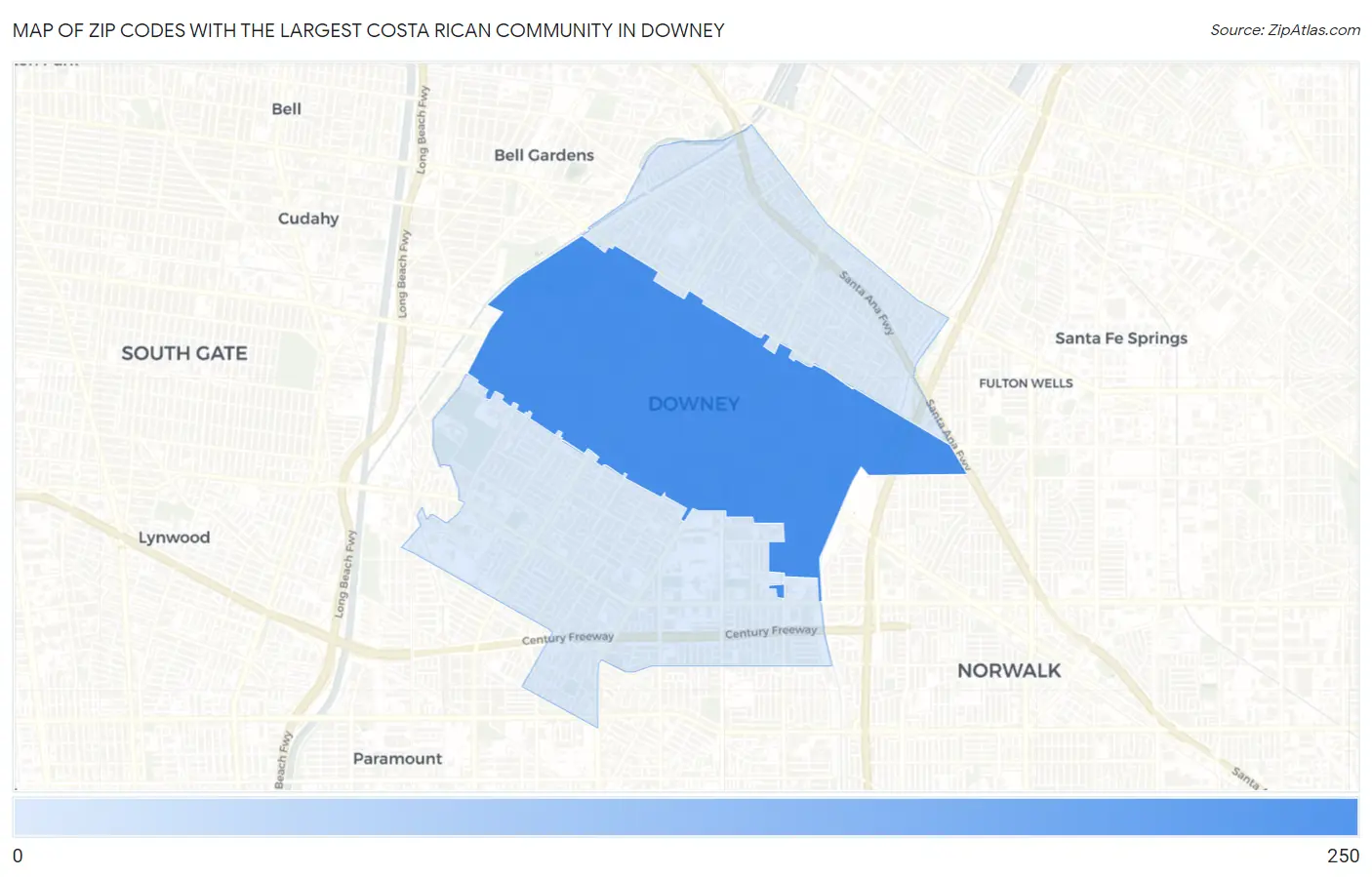 Zip Codes with the Largest Costa Rican Community in Downey Map