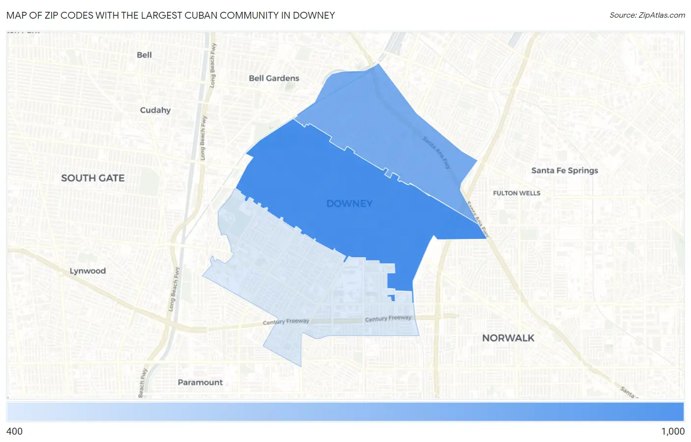 Zip Codes with the Largest Cuban Community in Downey Map