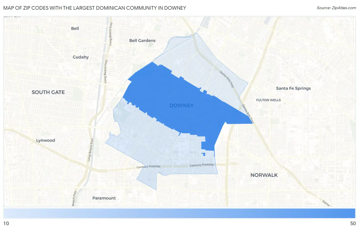 Zip Codes with the Largest Dominican Community in Downey Map
