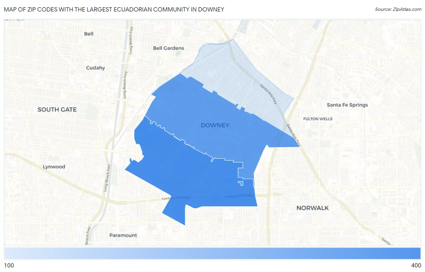 Zip Codes with the Largest Ecuadorian Community in Downey Map