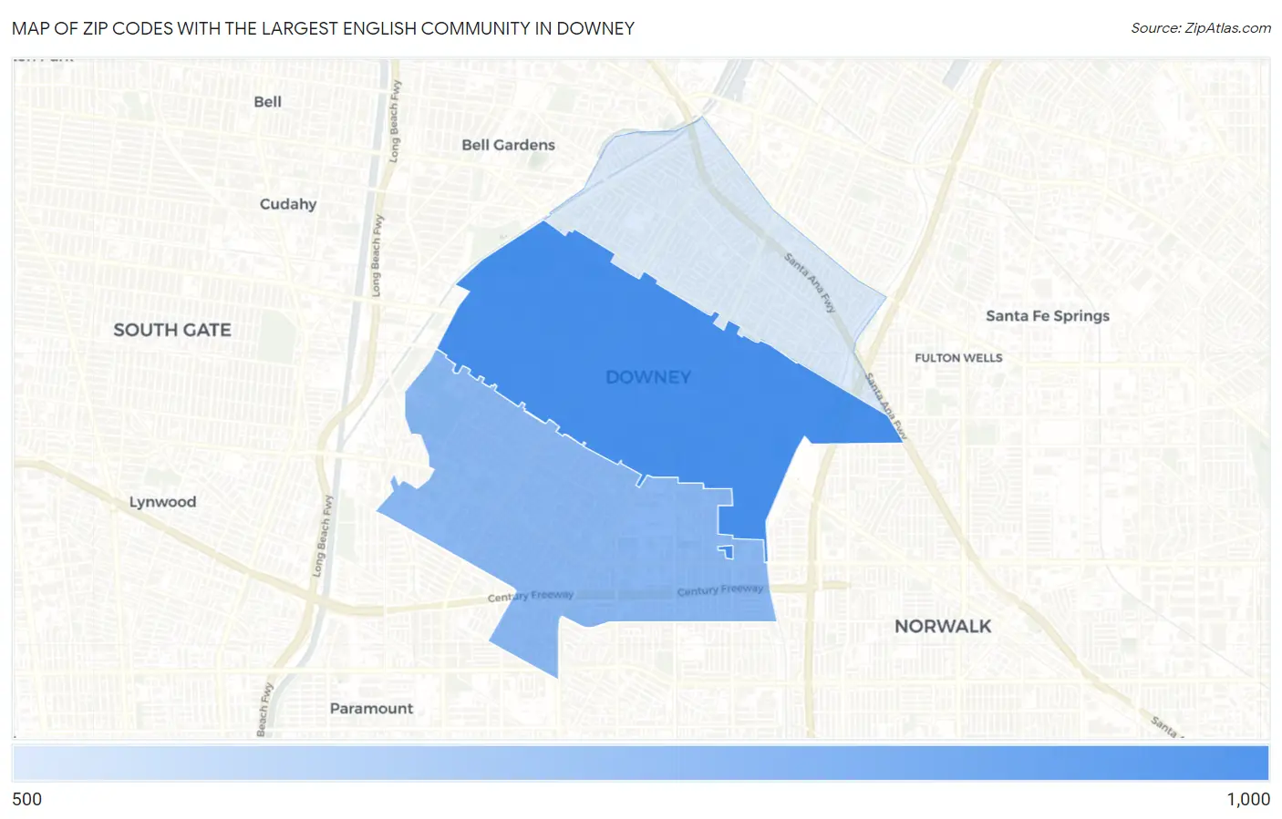Zip Codes with the Largest English Community in Downey Map