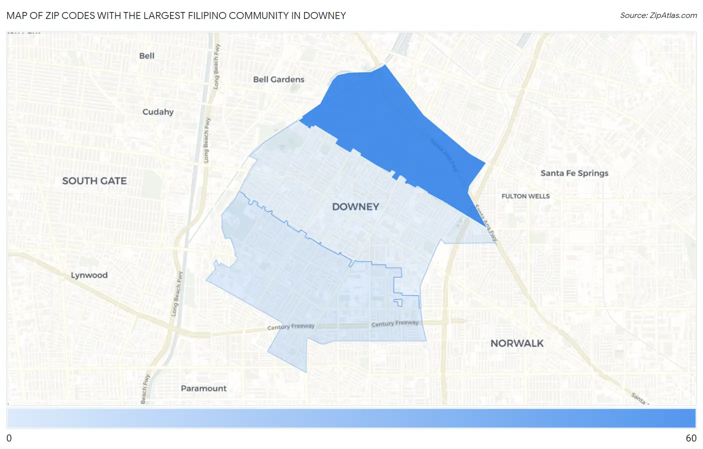Zip Codes with the Largest Filipino Community in Downey Map