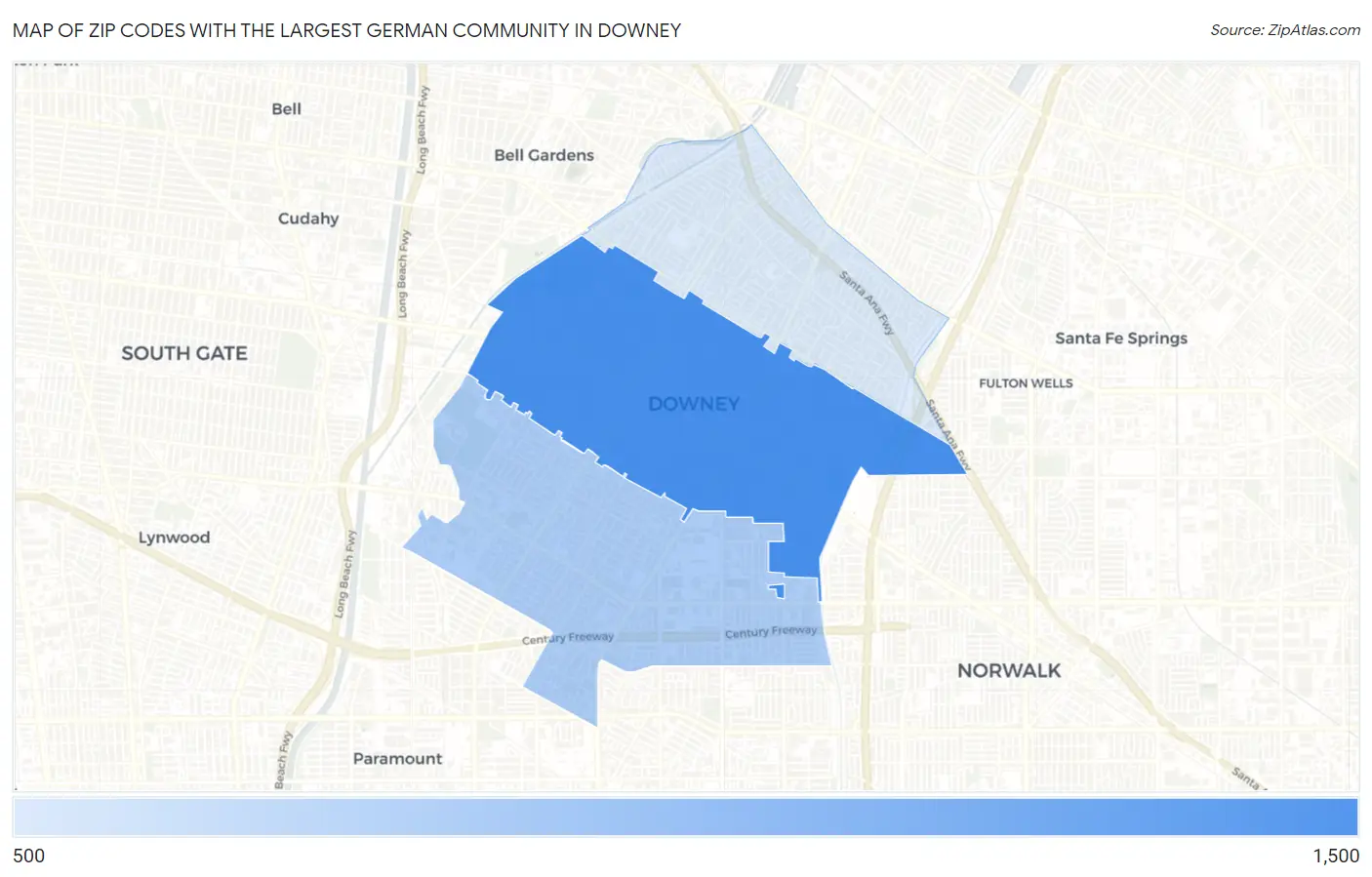 Zip Codes with the Largest German Community in Downey Map