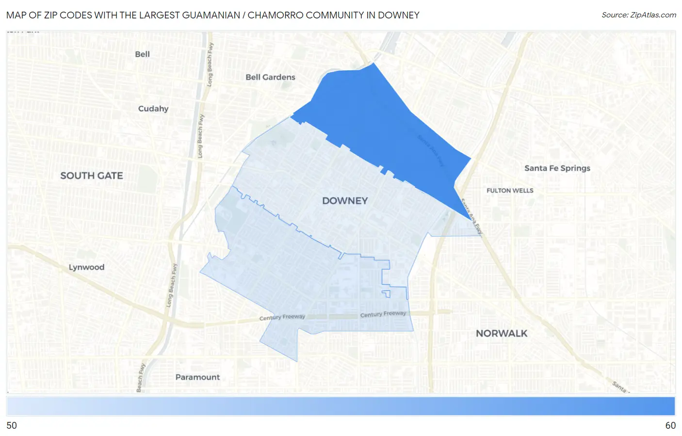 Zip Codes with the Largest Guamanian / Chamorro Community in Downey Map