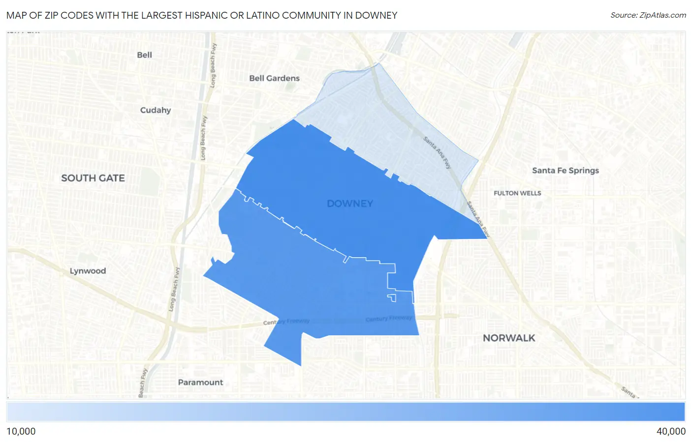 Zip Codes with the Largest Hispanic or Latino Community in Downey Map