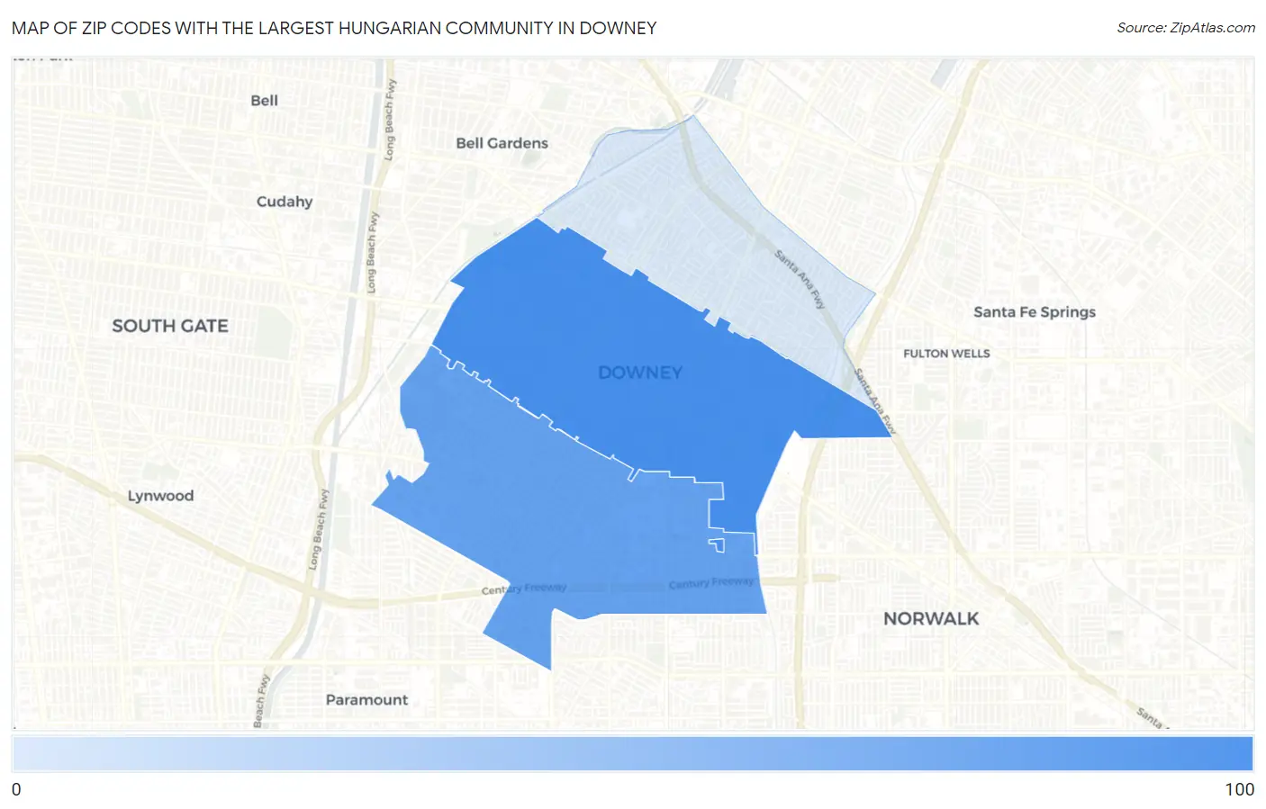 Zip Codes with the Largest Hungarian Community in Downey Map