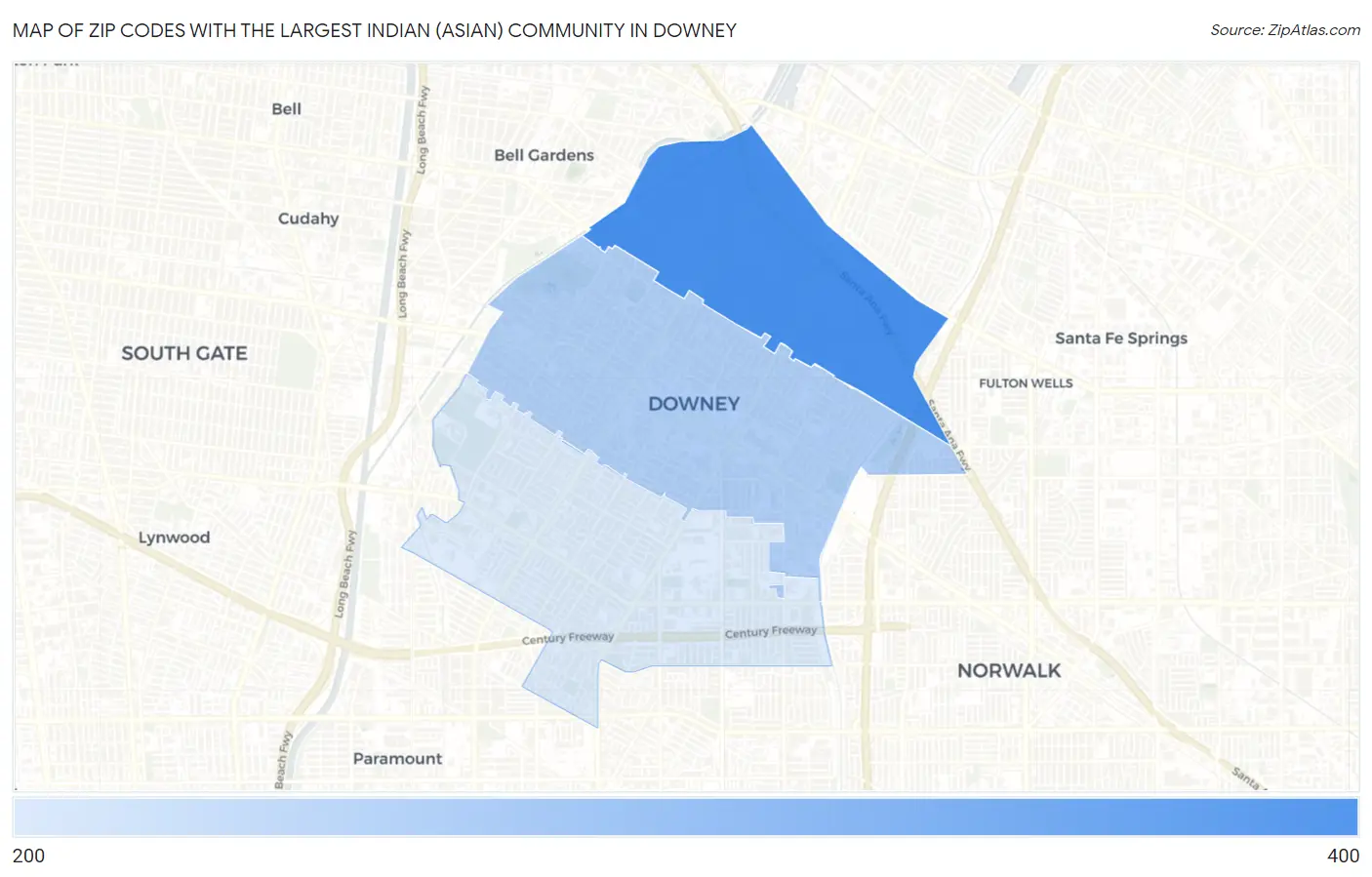 Zip Codes with the Largest Indian (Asian) Community in Downey Map
