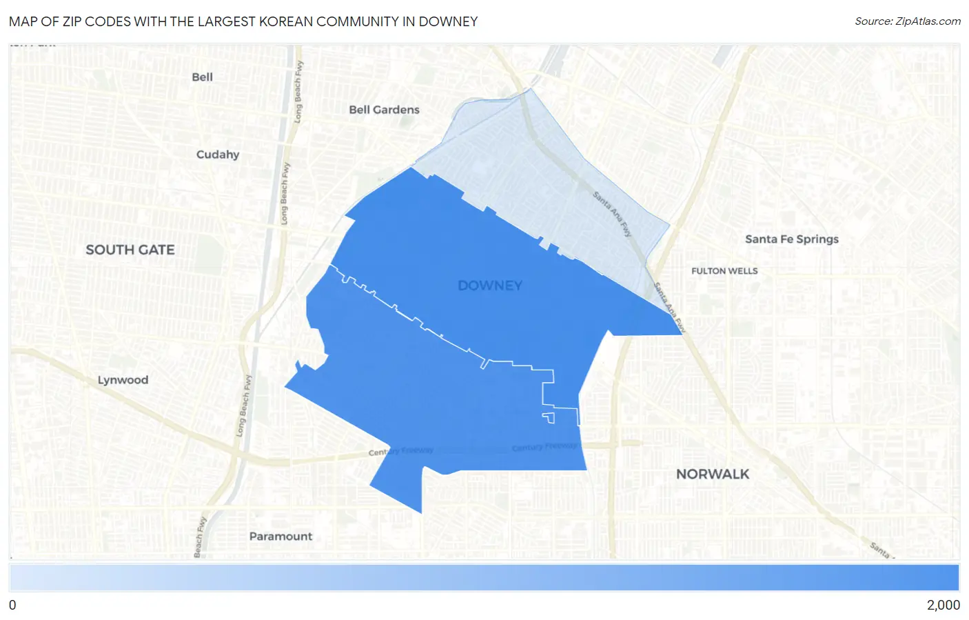 Zip Codes with the Largest Korean Community in Downey Map