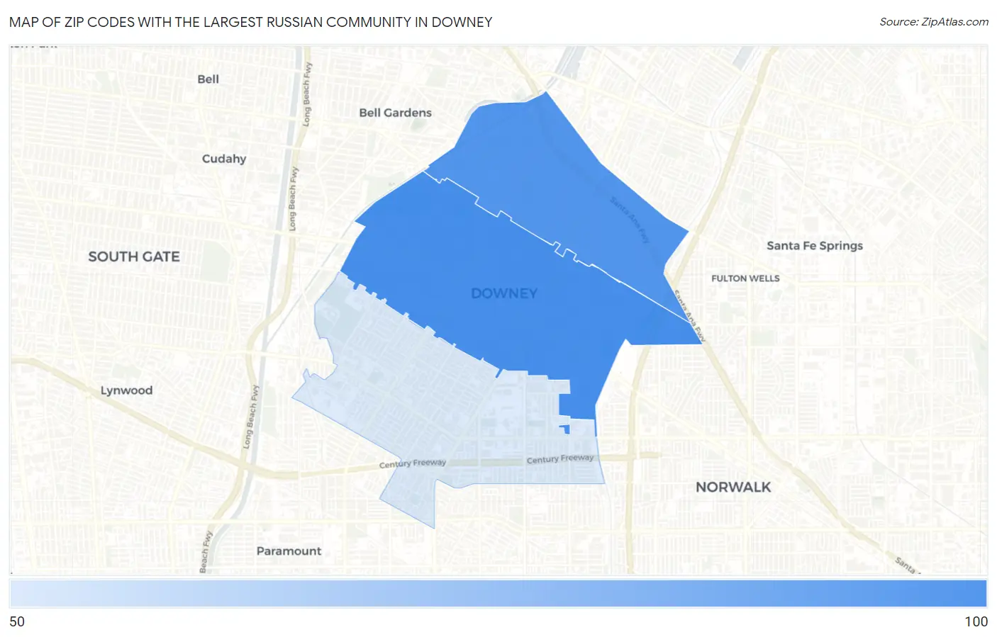 Zip Codes with the Largest Russian Community in Downey Map