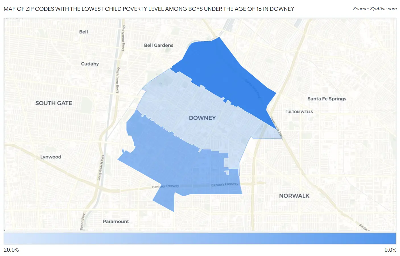Zip Codes with the Lowest Child Poverty Level Among Boys Under the Age of 16 in Downey Map