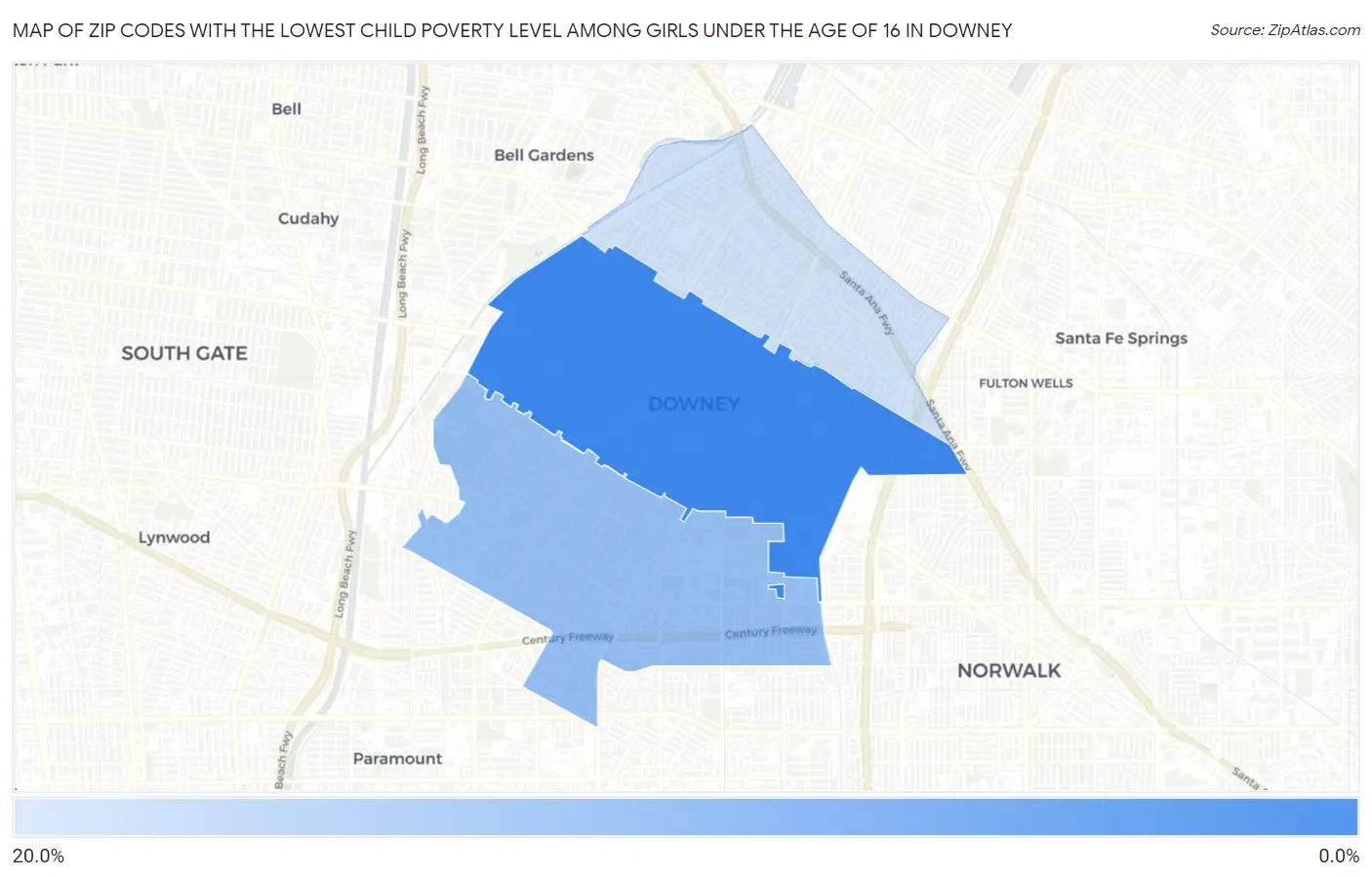 Zip Codes with the Lowest Child Poverty Level Among Girls Under the Age of 16 in Downey Map