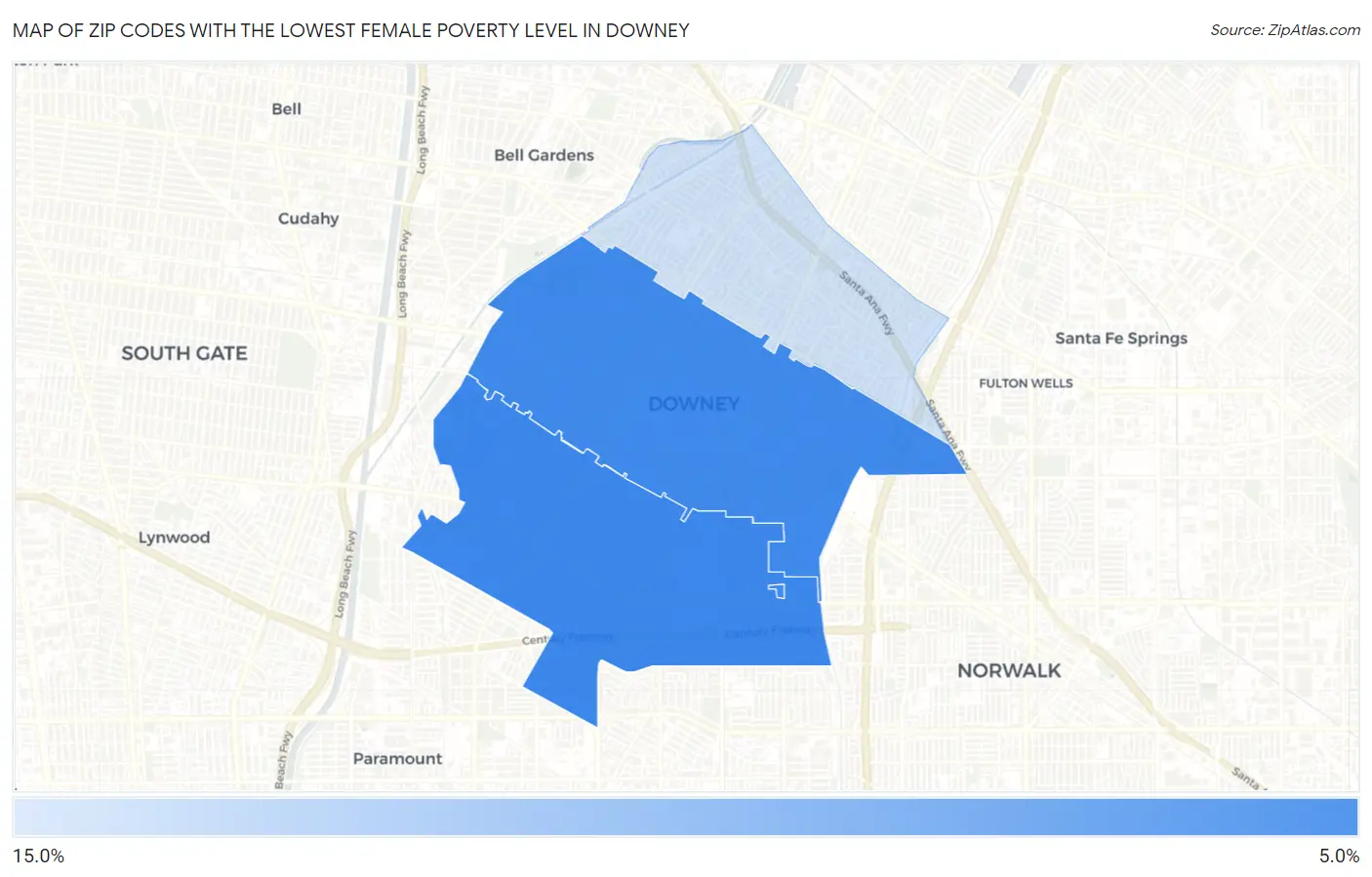 Zip Codes with the Lowest Female Poverty Level in Downey Map