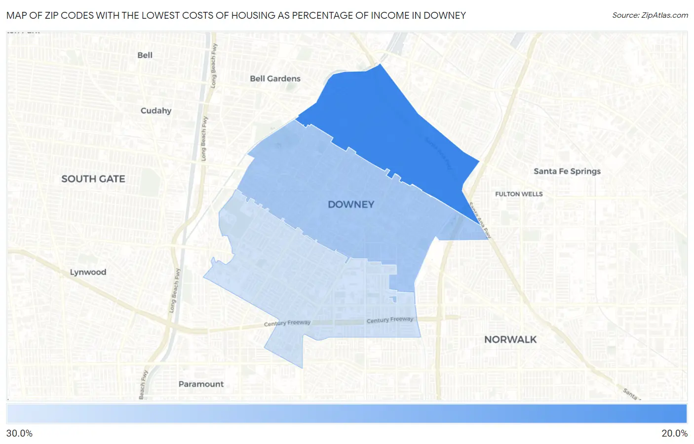 Zip Codes with the Lowest Costs of Housing as Percentage of Income in Downey Map