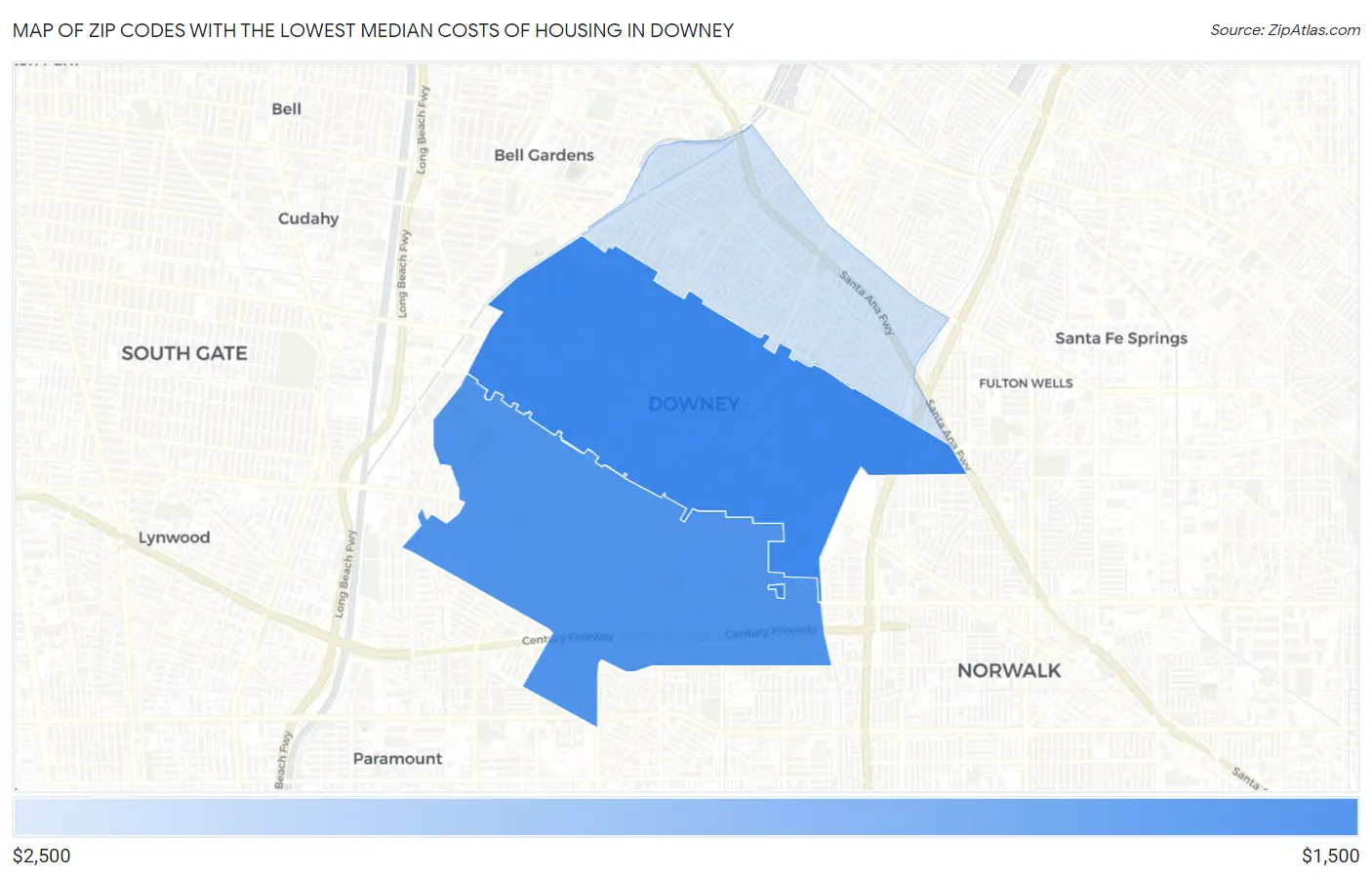 Zip Codes with the Lowest Median Costs of Housing in Downey Map