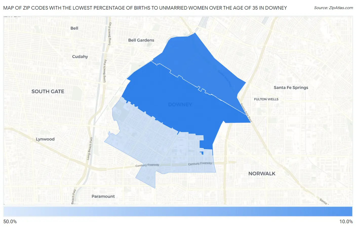 Zip Codes with the Lowest Percentage of Births to Unmarried Women over the Age of 35 in Downey Map