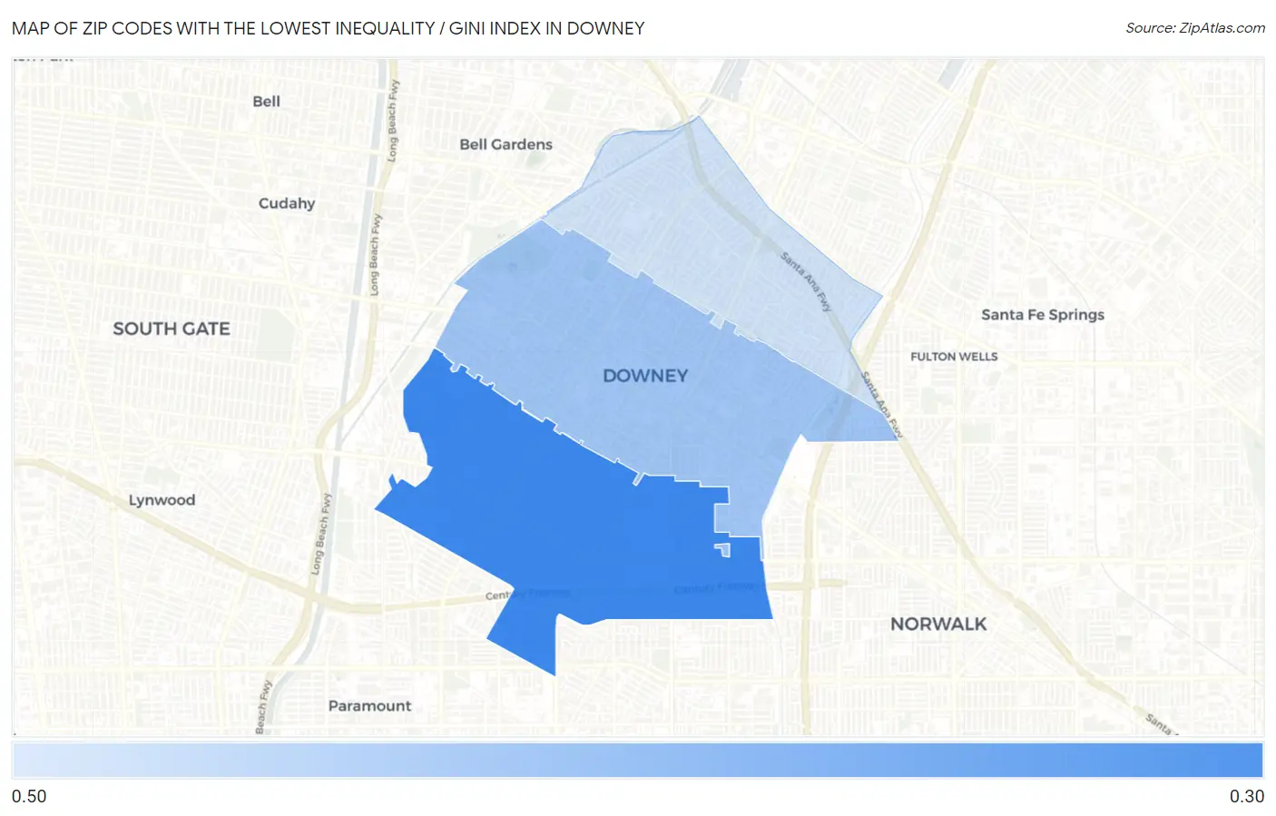 Zip Codes with the Lowest Inequality / Gini Index in Downey Map
