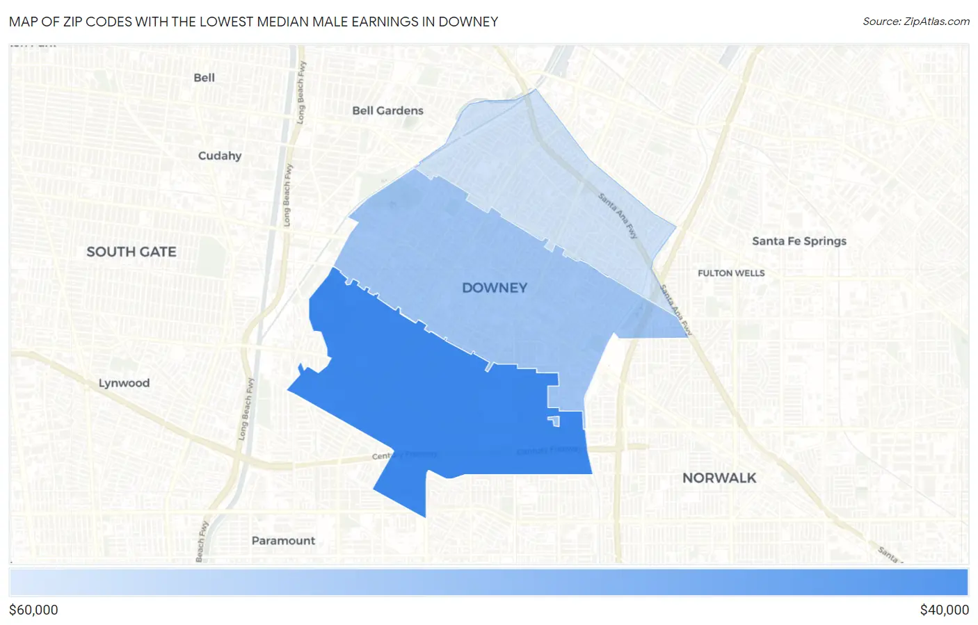 Zip Codes with the Lowest Median Male Earnings in Downey Map
