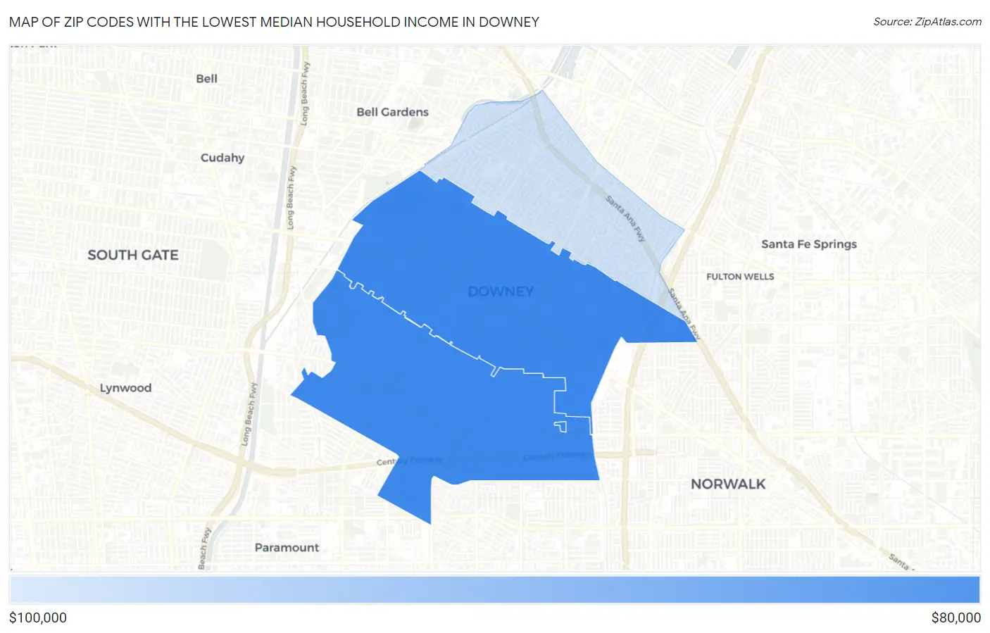 Zip Codes with the Lowest Median Household Income in Downey Map