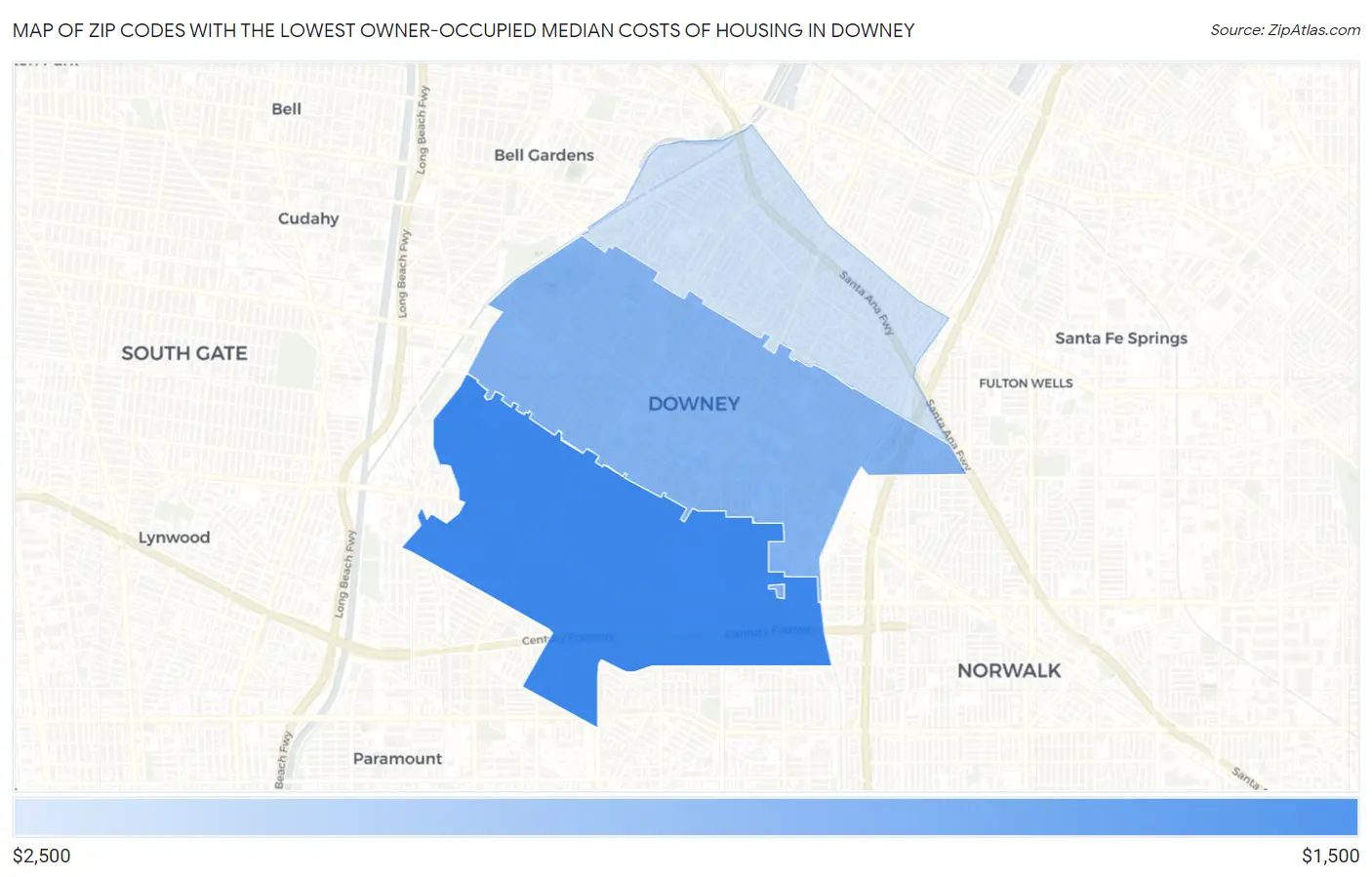 Zip Codes with the Lowest Owner-Occupied Median Costs of Housing in Downey Map