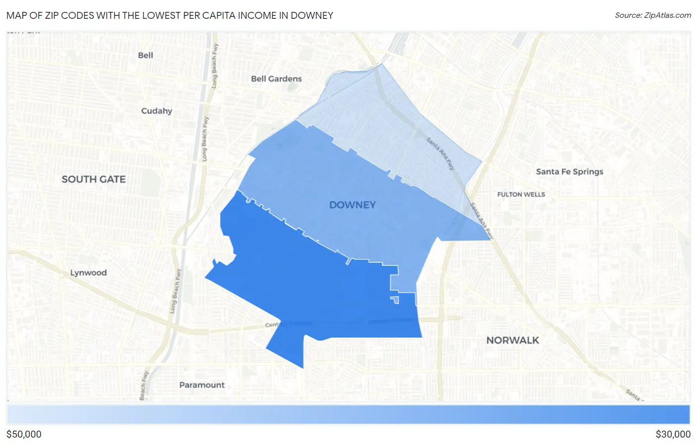 Zip Codes with the Lowest Per Capita Income in Downey Map