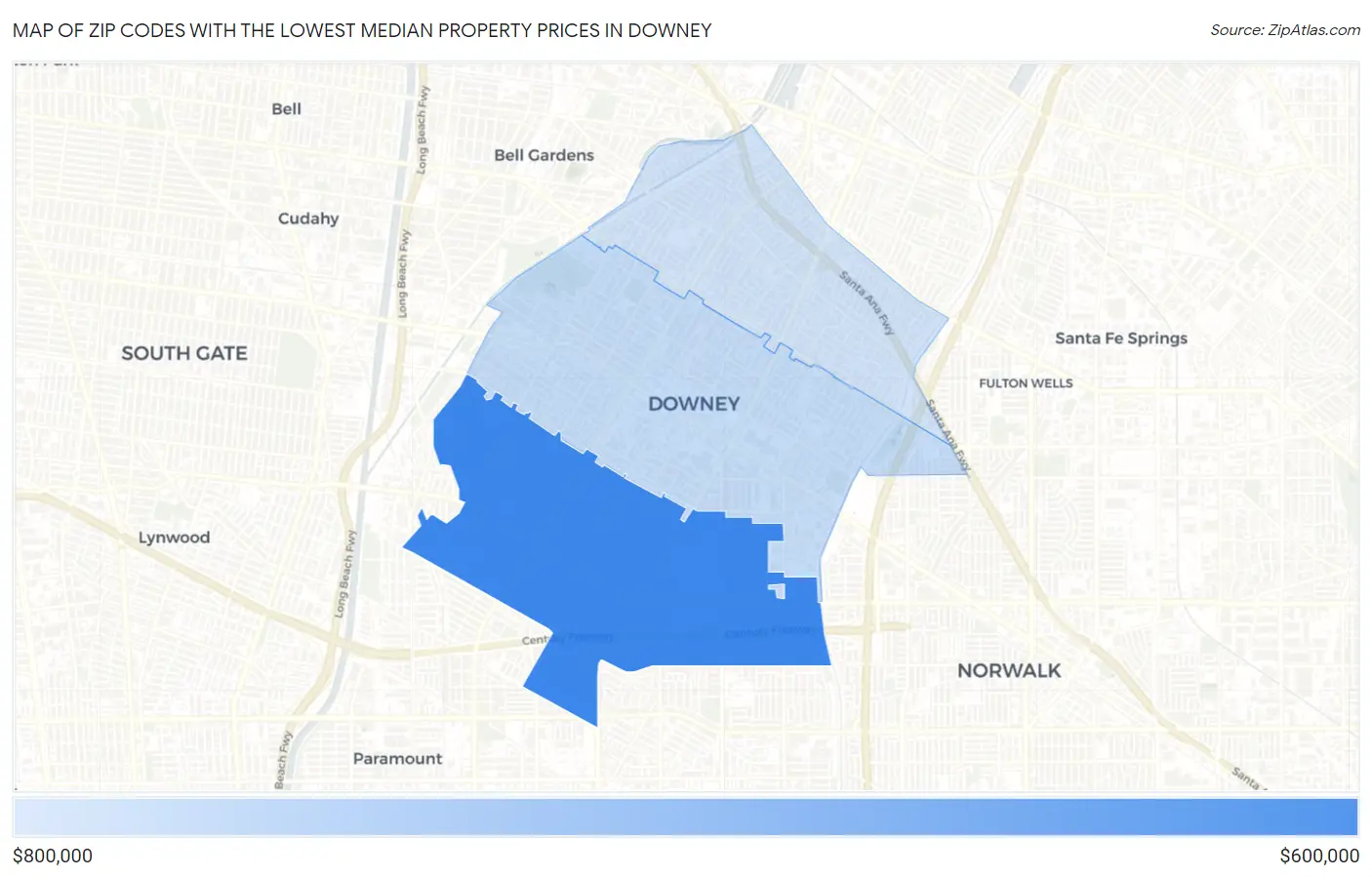 Zip Codes with the Lowest Median Property Prices in Downey Map