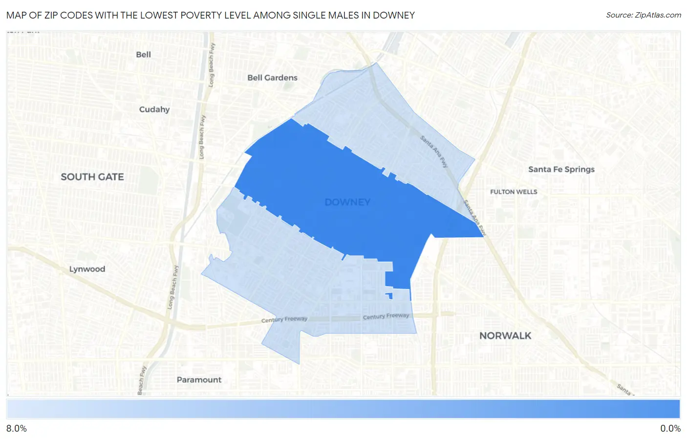 Zip Codes with the Lowest Poverty Level Among Single Males in Downey Map